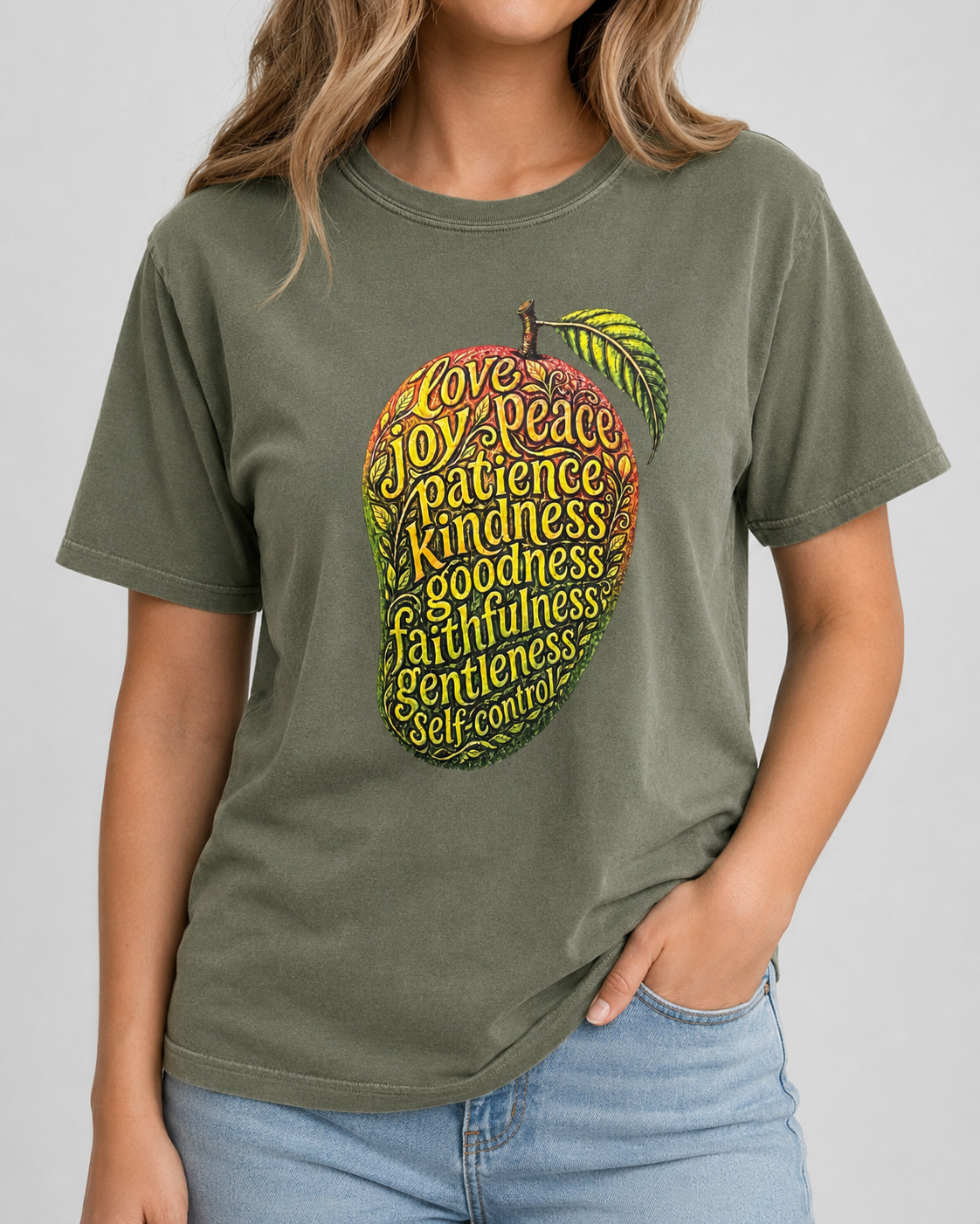 Fruit of the Spirit Hemp Comfort Colors 1717 tee on female model, studio front view