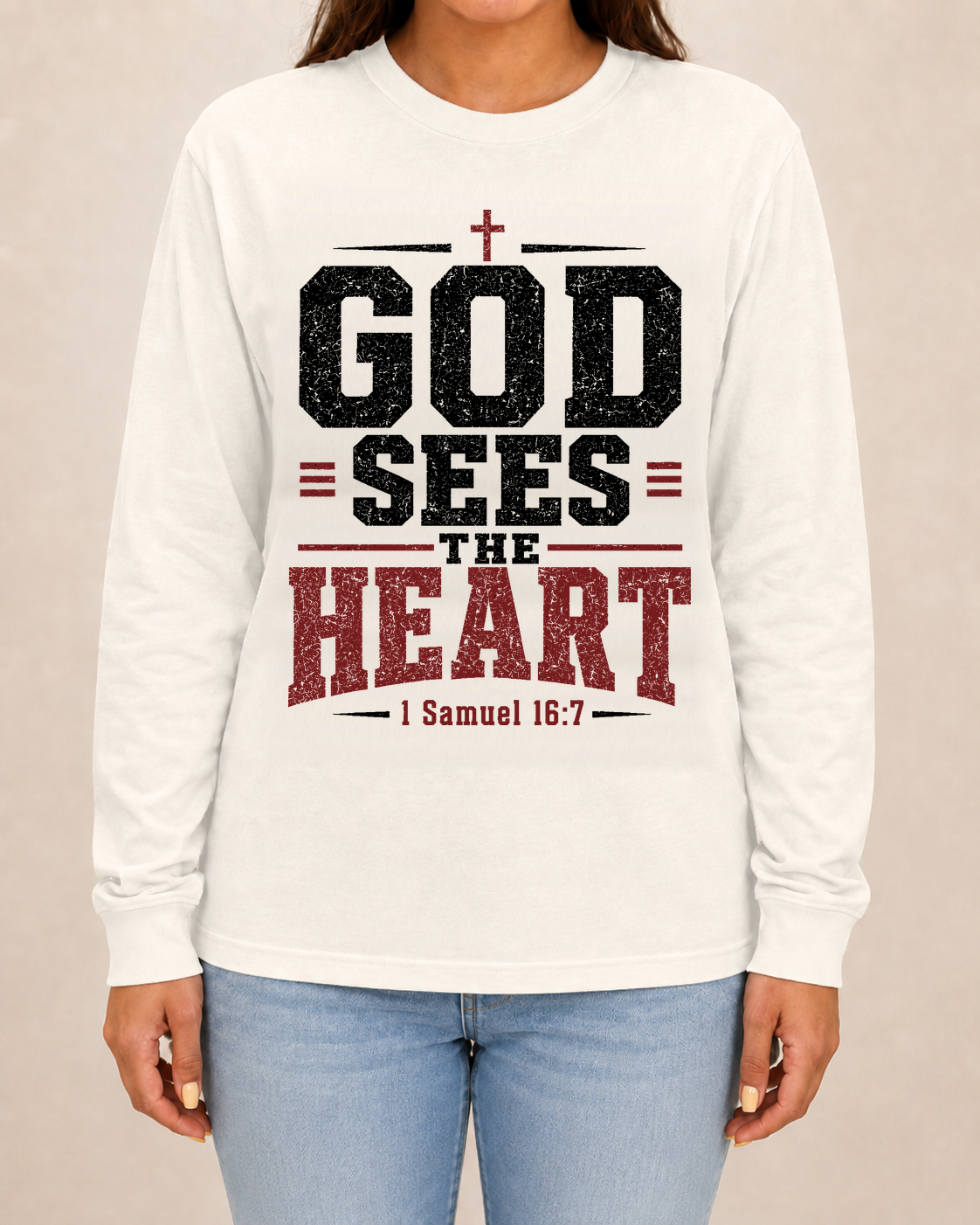 God Sees the Heart Ivory Comfort Colors 6014 long sleeve tee, approved female studio front view