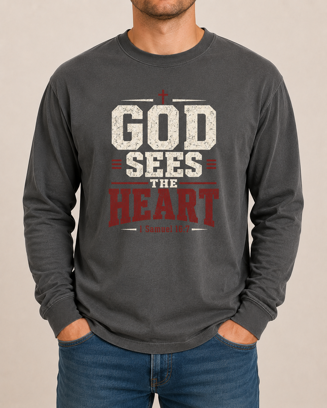God Sees the Heart Pepper Comfort Colors 6014 long sleeve tee, approved straight-on male front view