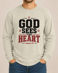 God Sees the Heart Sandstone Comfort Colors 6014 long sleeve tee, approved straight-on male front view