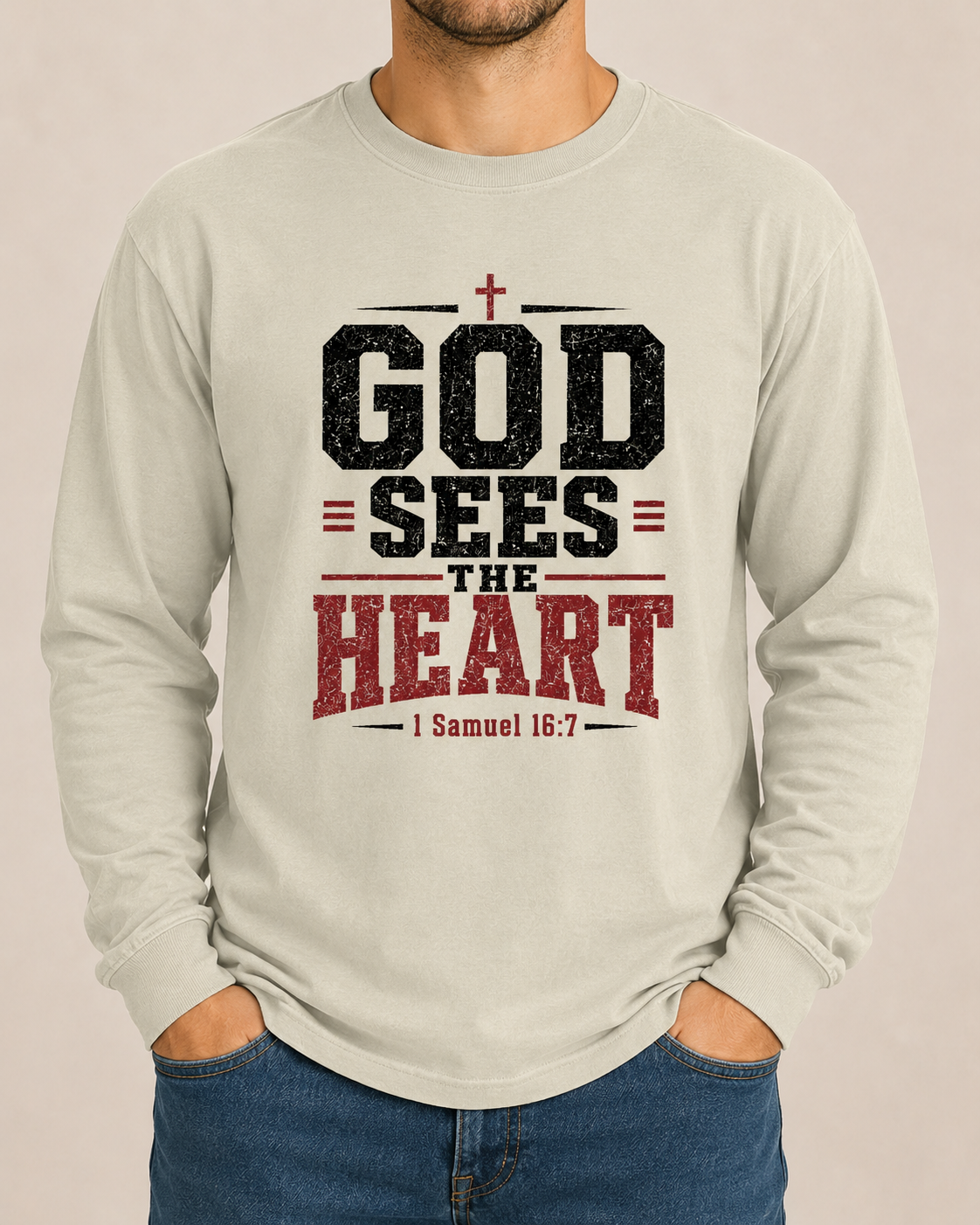 God Sees the Heart Sandstone Comfort Colors 6014 long sleeve tee, approved straight-on male front view