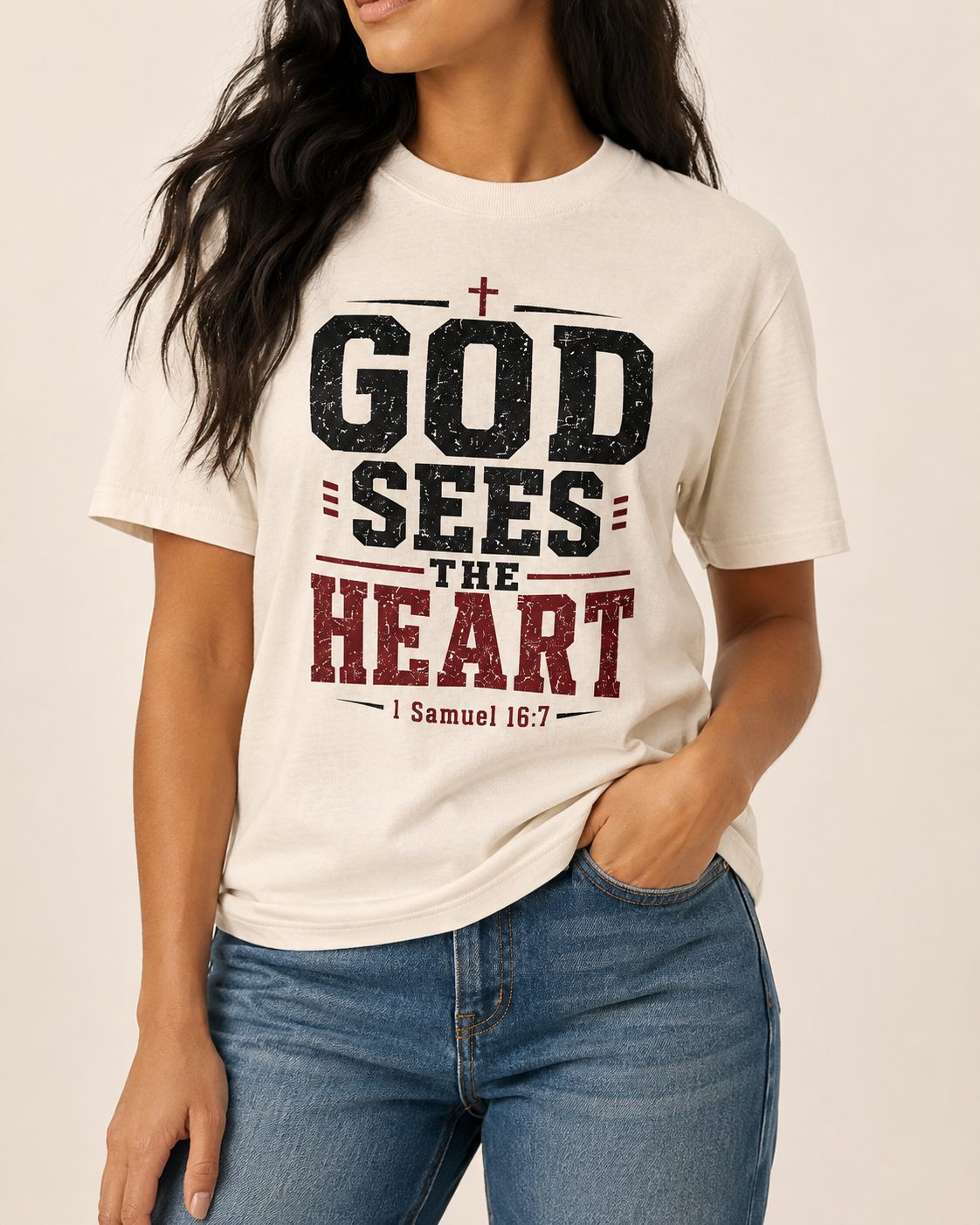 God Sees the Heart Ivory Comfort Colors tee, approved female warm-neutral studio front view