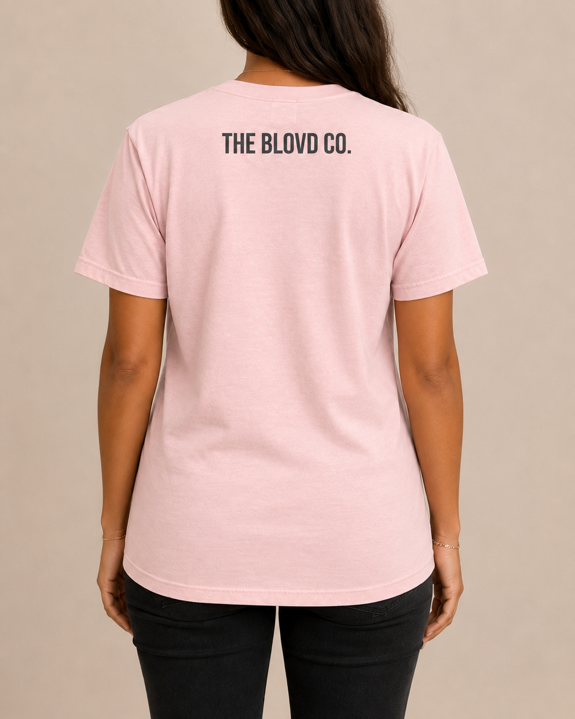 THE BLOVD Lion Classic Blossom Comfort Colors T-shirt with Deep Charcoal THE BLOVD CO. upper-back mark, approved clean individual female studio back view