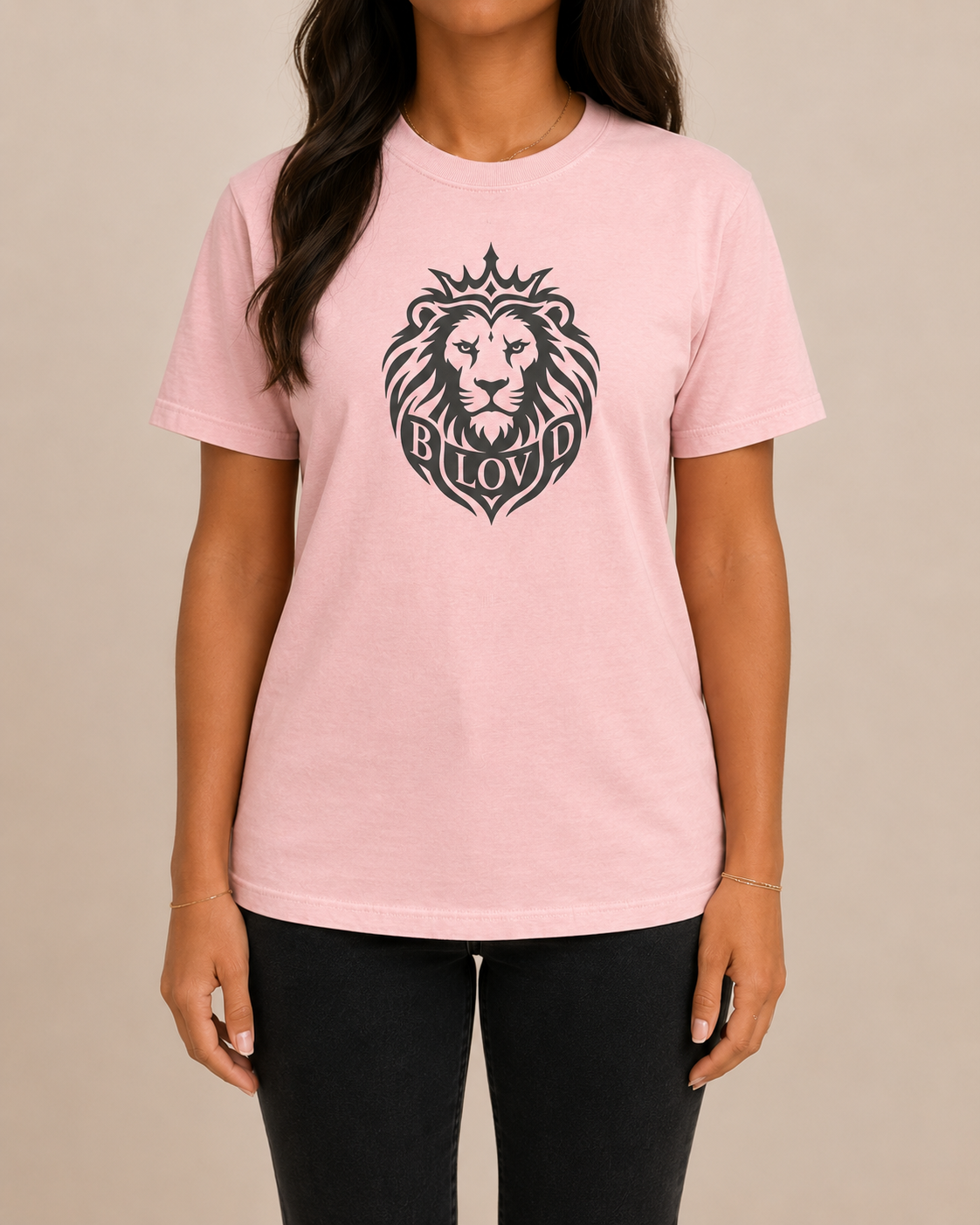 THE BLOVD Lion Classic Blossom Comfort Colors T-shirt with Deep Charcoal Lion artwork, approved clean individual female studio front view