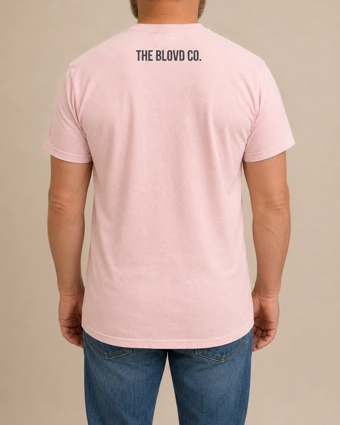 THE BLOVD Lion Classic Blossom Comfort Colors T-shirt with Deep Charcoal THE BLOVD CO. upper-back mark, approved clean individual male studio back view