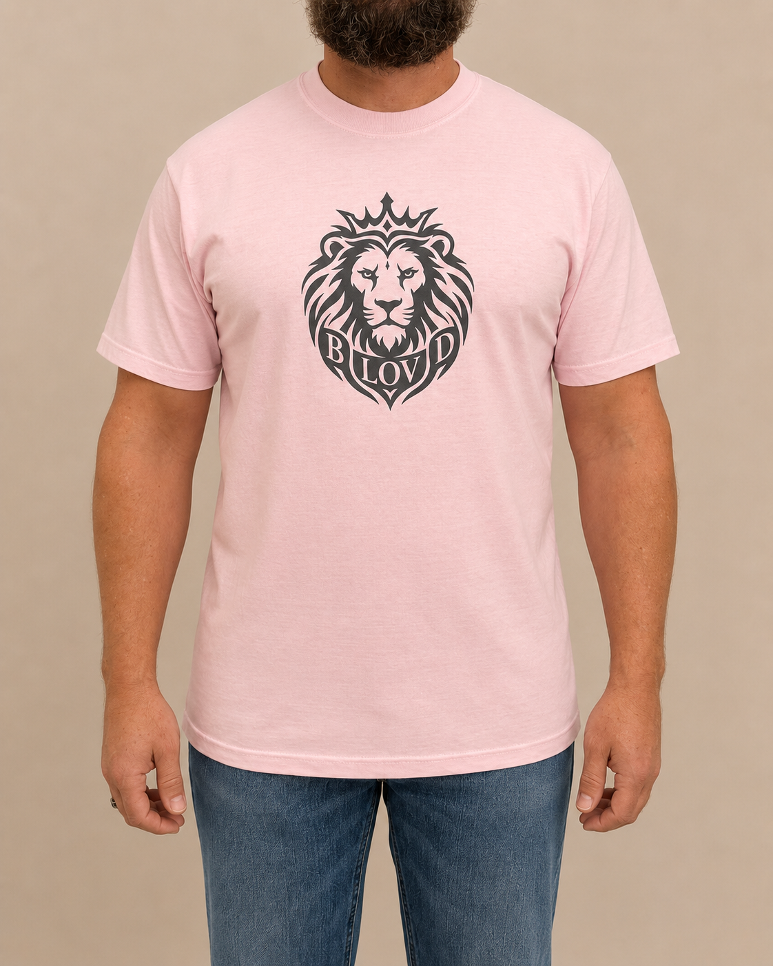 THE BLOVD Lion Classic Blossom Comfort Colors T-shirt with Deep Charcoal Lion artwork, approved clean individual male studio front view