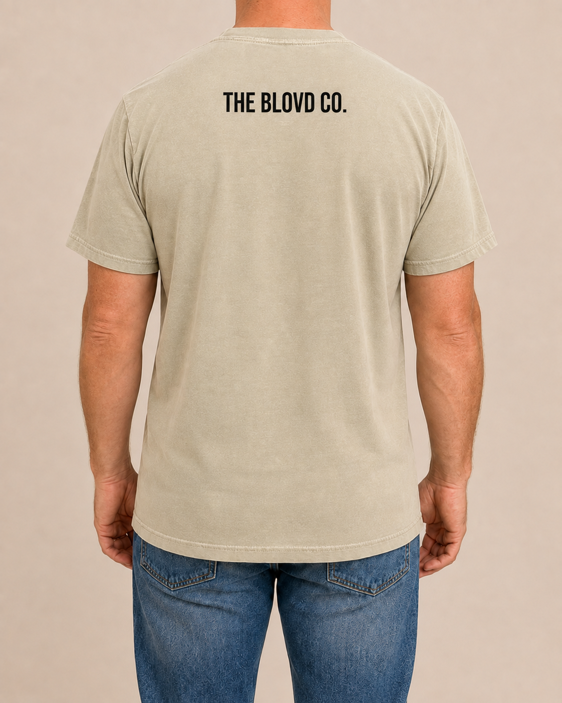 THE BLOVD Lion Classic Sandstone Comfort Colors T-shirt with black THE BLOVD CO. upper-back mark, approved warm-neutral studio back view