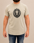 THE BLOVD Lion Classic Sandstone Comfort Colors T-shirt with black Lion artwork, approved male warm-neutral studio front view