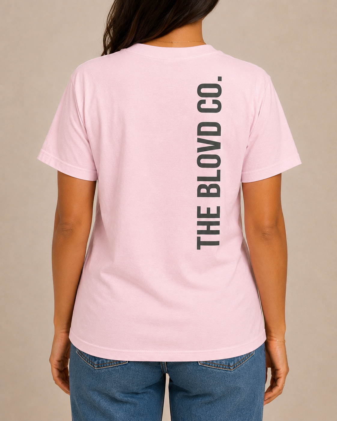 THE BLOVD Lion Signature Blossom T-shirt with Deep Charcoal vertical back wordmark, approved matching female studio back view