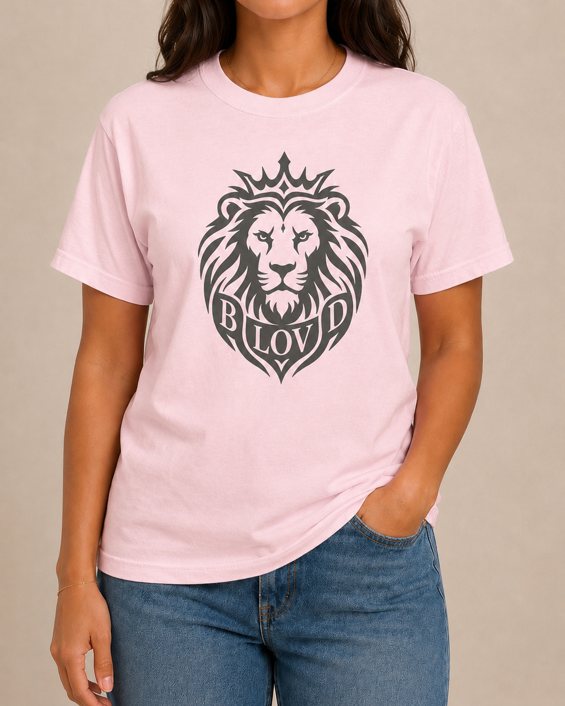 THE BLOVD Lion Signature Blossom T-shirt with Deep Charcoal artwork, approved female straight-on front studio view