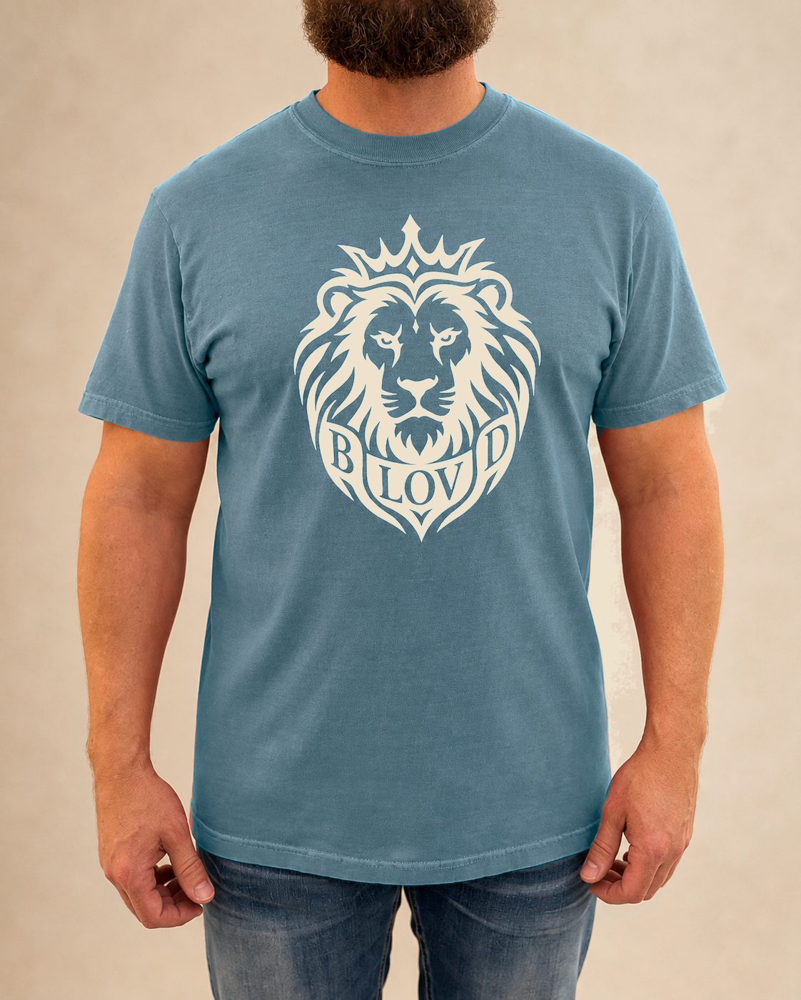 THE BLOVD Lion Signature Blue Jean T-shirt with Warm Ivory artwork, studio front view