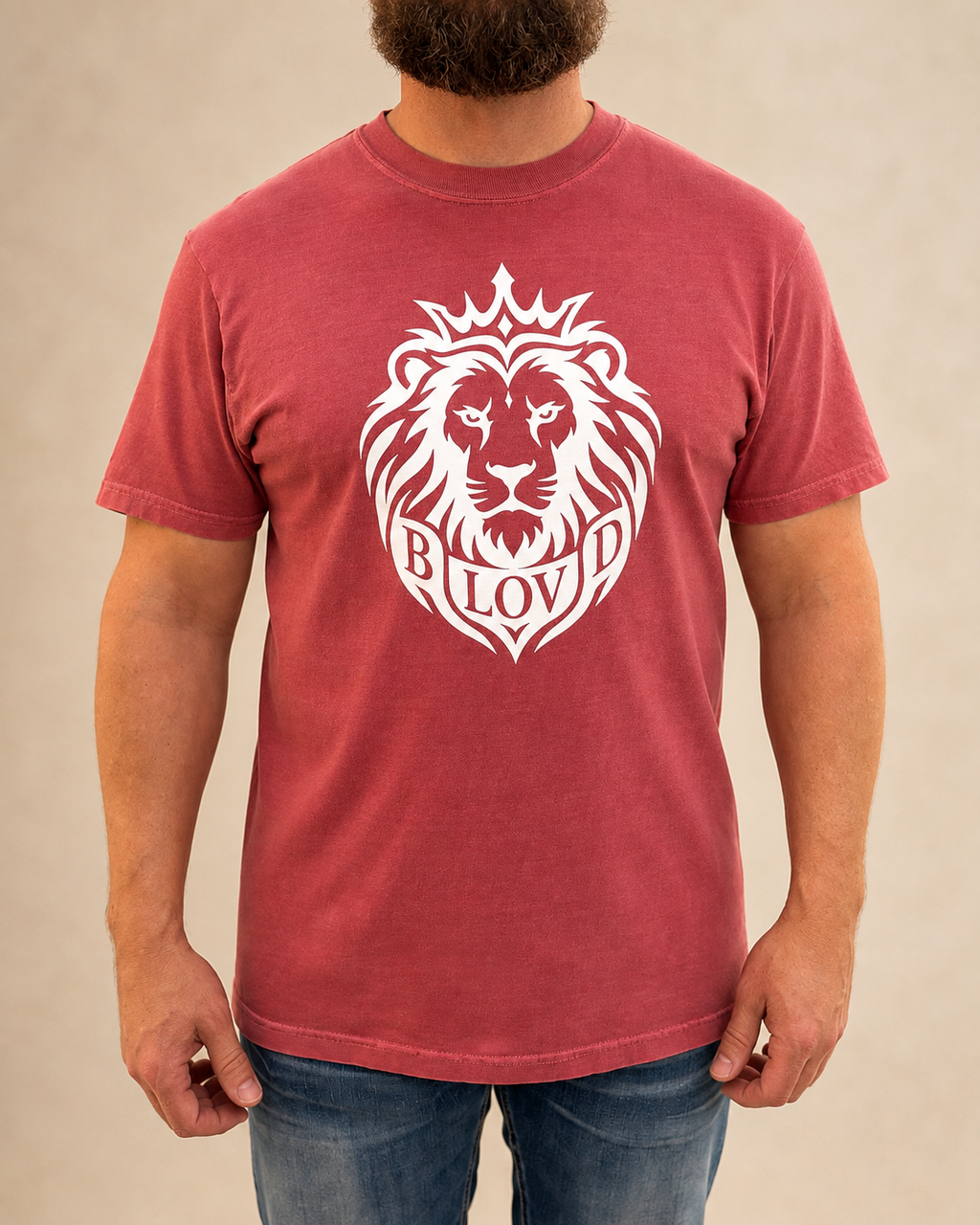 THE BLOVD Lion Signature Crimson T-shirt, front studio view with product-focused face-cropped framing