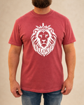 THE BLOVD Lion Signature Crimson T-shirt, front studio view with product-focused face-cropped framing