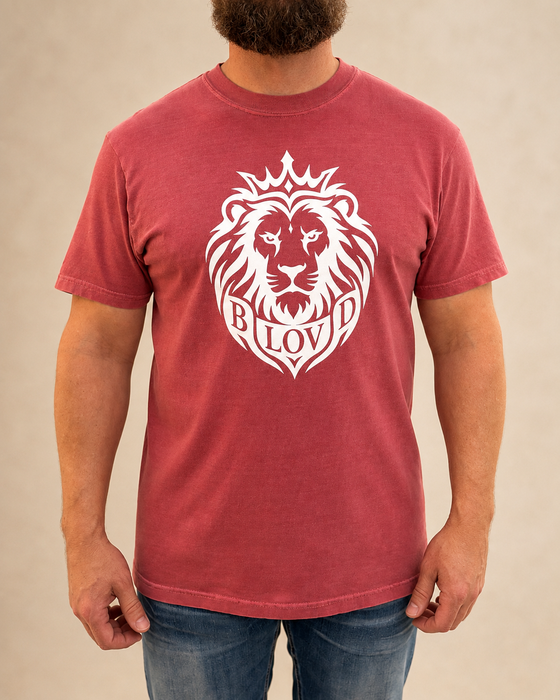 THE BLOVD Lion Signature Crimson T-shirt, front studio view with product-focused face-cropped framing