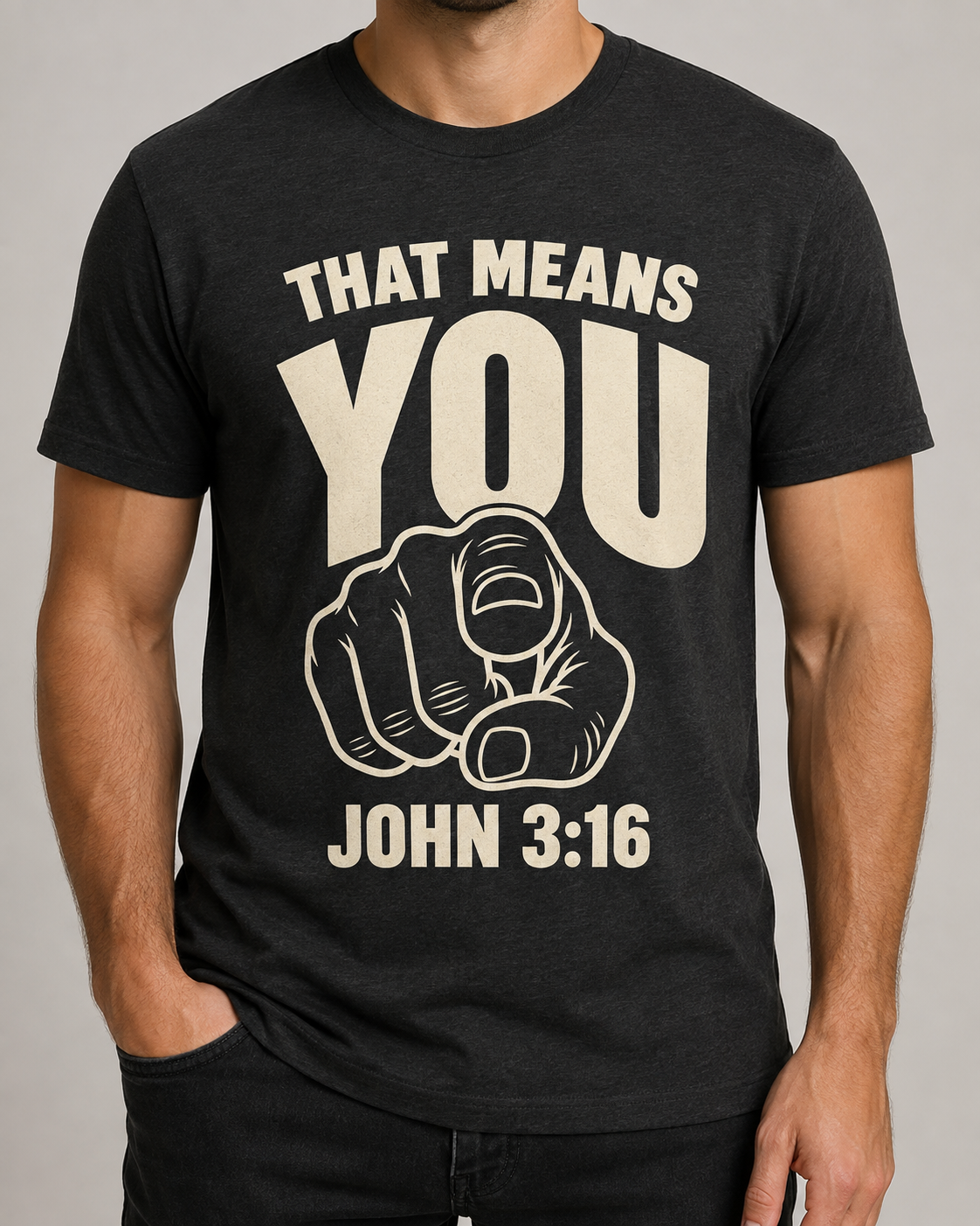 That Means You John 3:16 tee, Bella+Canvas Black Heather with BLOVD Soft Linen artwork, cropped male studio front