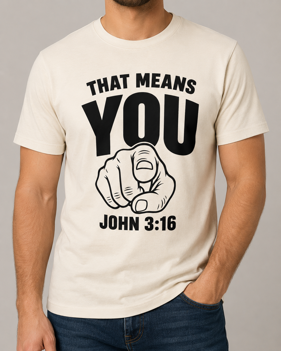 That Means You John 3:16 tee, Bella+Canvas Natural with BLOVD True Black artwork, cropped male studio front