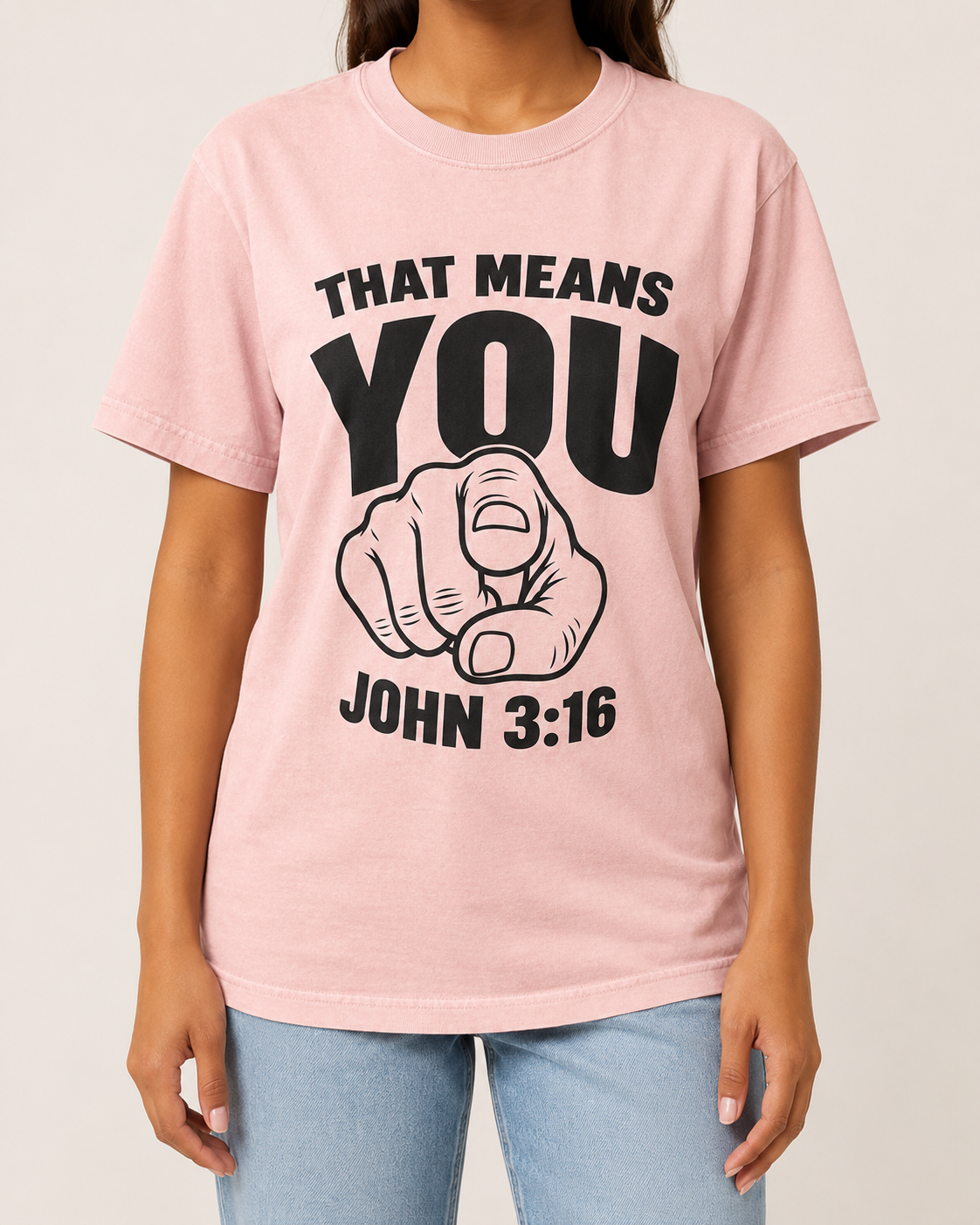 That Means You John 3:16 tee, Comfort Colors Blossom with BLOVD Heritage Black artwork, cropped female studio front
