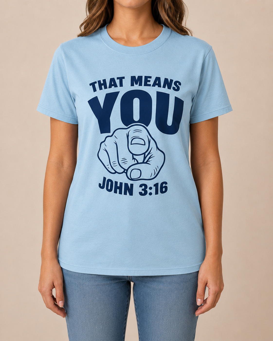 That Means You John 3:16 tee, Comfort Colors Chambray with BLOVD Heritage Navy artwork, cropped female studio front