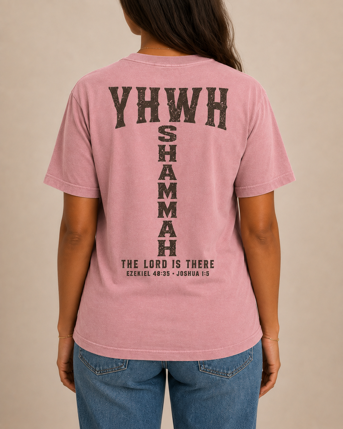 YHWH SHAMMAH Blossom T-shirt with Weathered Espresso large vertical back design, female warm-neutral studio back view