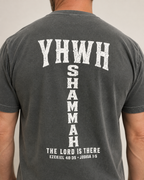 YHWH SHAMMAH | The Lord Is There Pepper Comfort Colors tee, modeled back view