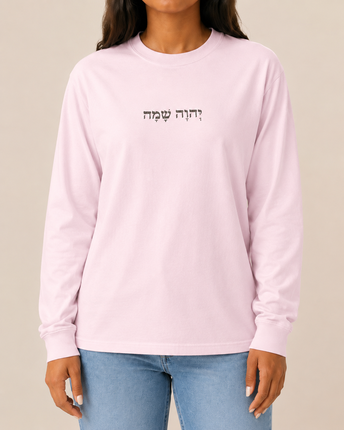 YHWH SHAMMAH Comfort Colors 6014 Blossom long sleeve, Weathered Espresso Hebrew front artwork, approved light Blossom female studio front view