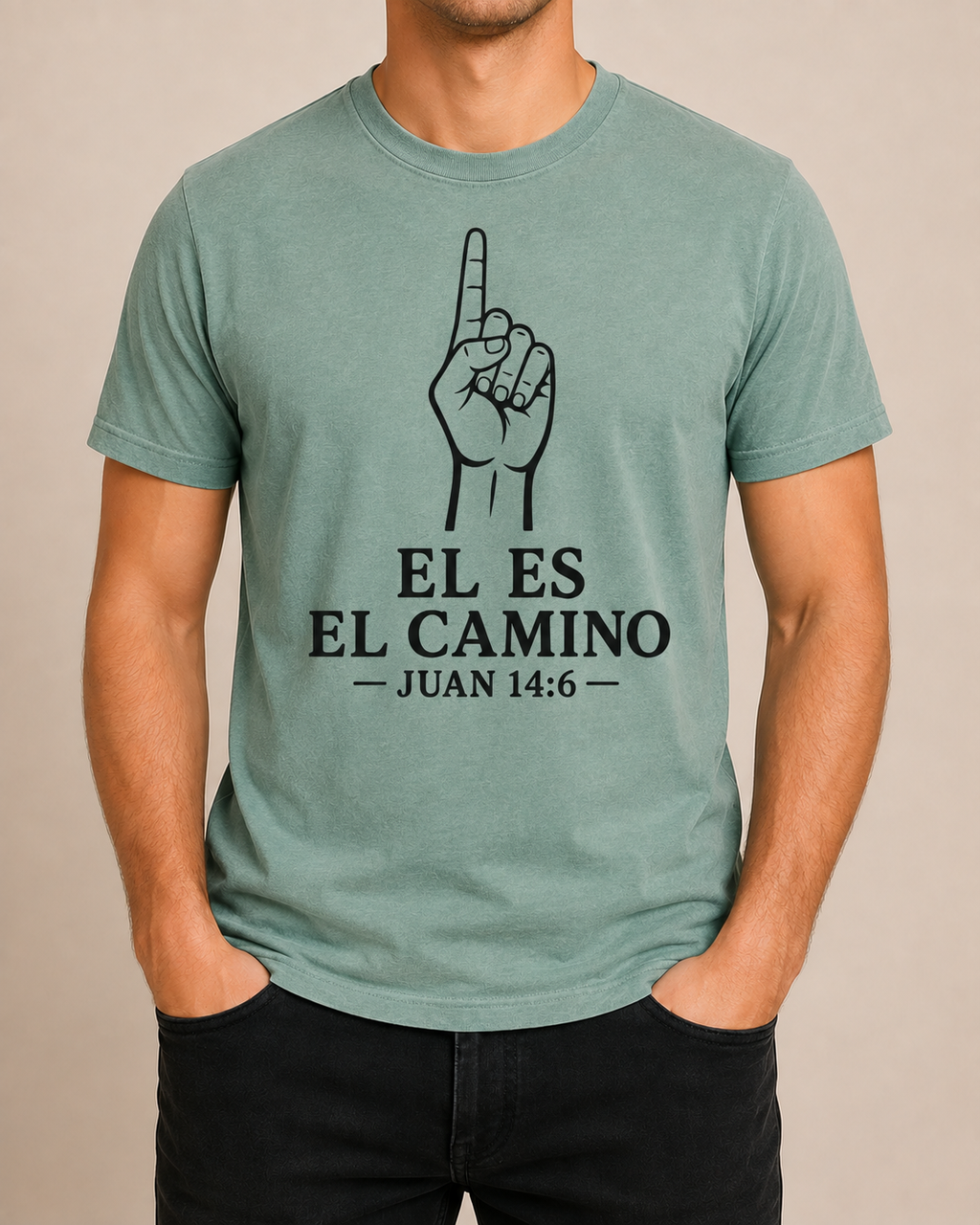 Male model, straight-on front view, wearing Comfort Colors Bay Él Es el Camino shirt with BLOVD True Black artwork.