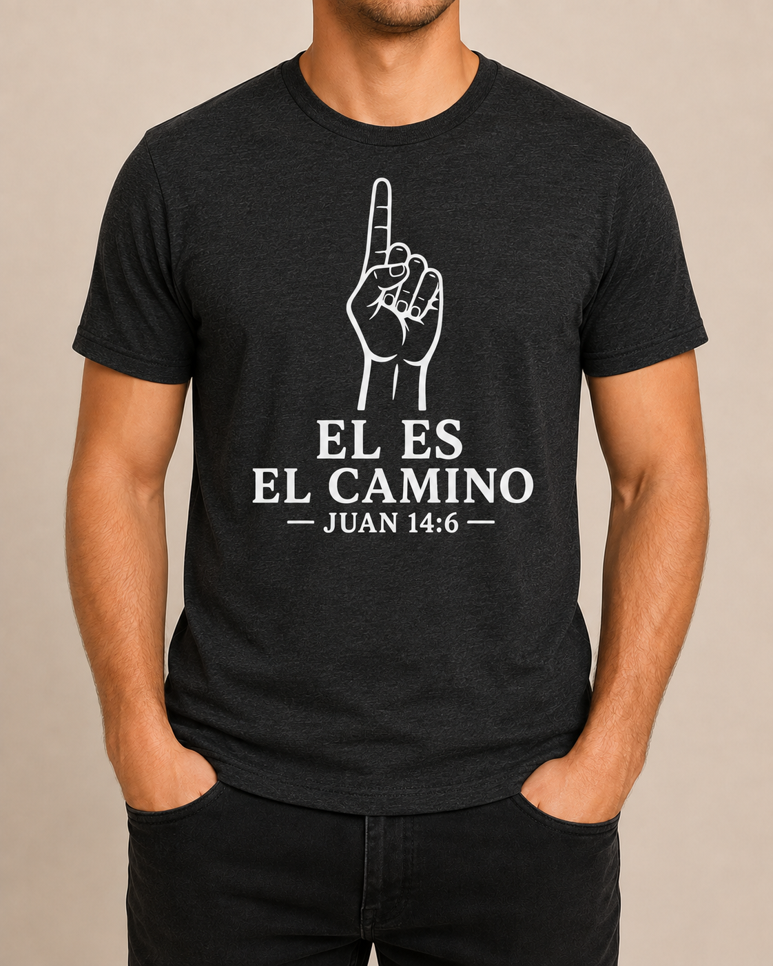 Male model, straight-on front view, wearing Bella+Canvas Black Heather Él Es el Camino shirt with BLOVD Pure White artwork.