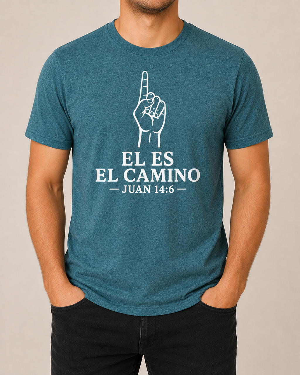 Male model, straight-on front view, wearing Bella+Canvas Heather Deep Teal Él Es el Camino shirt with BLOVD Pure White artwork.