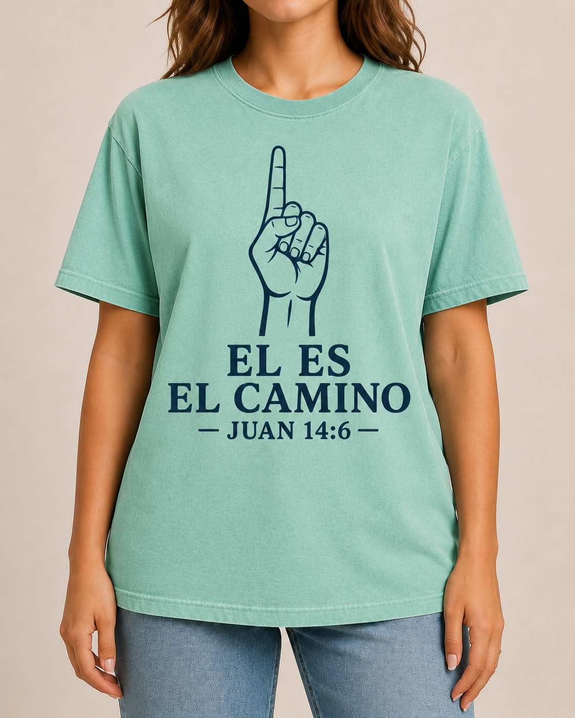 Female model, straight-on front view, wearing Comfort Colors Island Reef Él Es el Camino shirt with BLOVD Heritage Navy artwork.