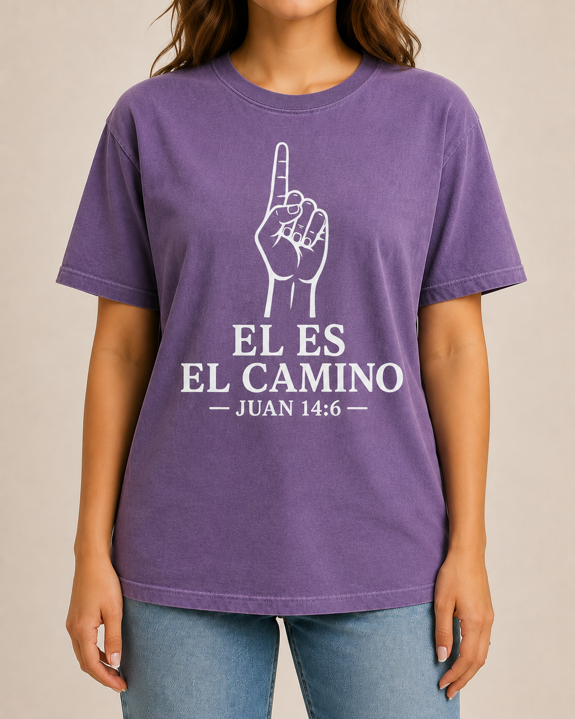 Female model, straight-on front view, wearing Comfort Colors Violet Él Es el Camino shirt with BLOVD Pure White artwork.