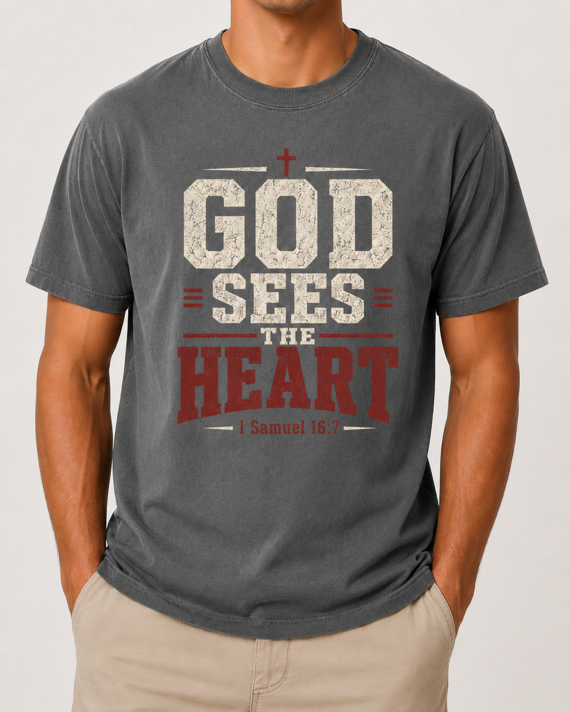 God Sees the Heart Pepper Comfort Colors tee, approved male warm-neutral studio front view with below-lips catalog crop