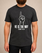 He Is the Way | John 14:6 Black Heather Bella+Canvas tee with Pure White artwork, modeled front view