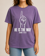 He Is the Way | John 14:6 Violet Comfort Colors tee with Pure White artwork, modeled front view